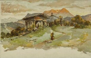[Hütte vor Berglandschaft]