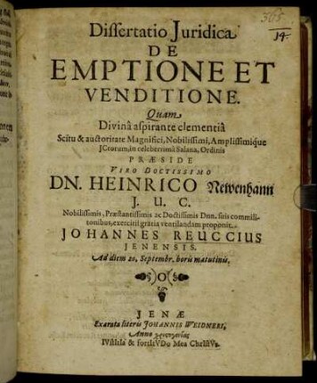 Dissertatio Iuridica De Emptione Et Venditione
