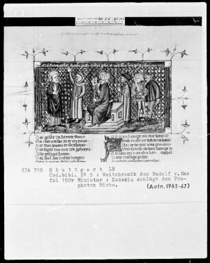 Weltchronik des Rudolf von Ems — Zedekia schlägt den Propheten Micha, Folio 190verso