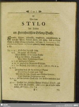 III Von dem Stylo der Lieder im Herrnhutischen Gesang-Buche