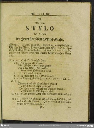 III Von dem Stylo der Lieder im Herrnhutischen Gesang-Buche