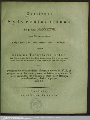1827: Orationes Sylverstainianas ... in Gymnasii auditorio primae classis habendas indicit