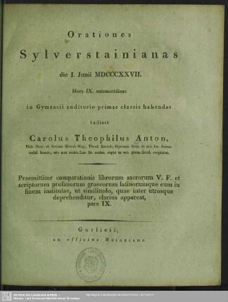 1827: Orationes Sylverstainianas ... in Gymnasii auditorio primae classis habendas indicit