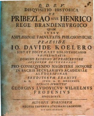 Disquisitio hist. de Pribezlao, sive Henrico rege Brandenburgico