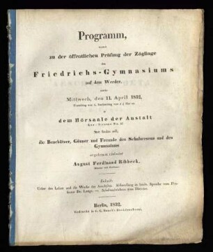 1831/32: Ueber das Leben und die Werke des Aeschylus. - 1831/32 : Abhandlung in latein