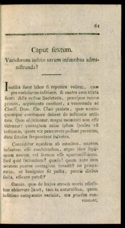 Caput sextum. Variolarum infitio utrum infantibus administranda?