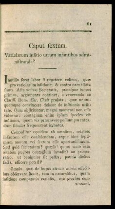 Caput sextum. Variolarum infitio utrum infantibus administranda?