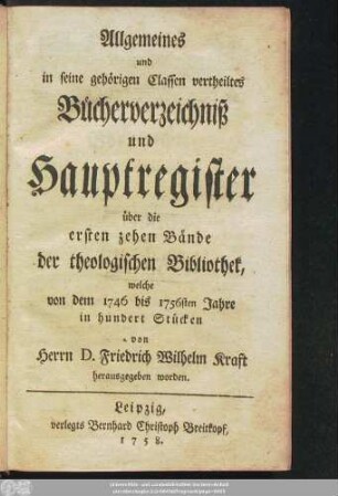 Register zu 1/10. 1746-1756 (1758): Friedrich Wilhelm Krafts neue theologische Bibliothek, darinnen von den neuesten theologischen Büchern und Schriften Nachricht gegeben wird