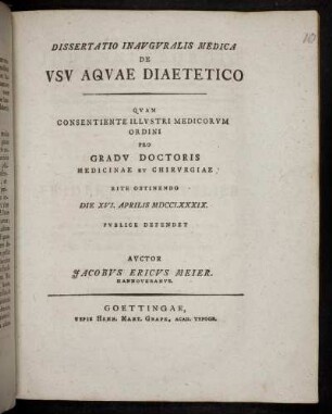 Dissertatio Inauguralis Medica De Usu Aquae Diaetetico
