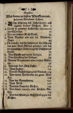 Register/ Aller deren in disem Wercklein enthaltenen Glaubens-Lehren.