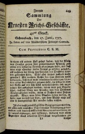 42tes Stuck. Schwabach, den 17. Junii, 1757.
