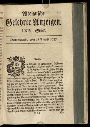 LXIV. Stück. Donnerstags, vom 18 August 1757