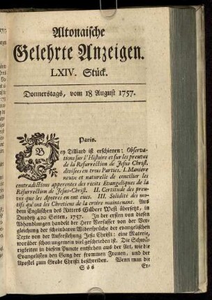 LXIV. Stück. Donnerstags, vom 18 August 1757