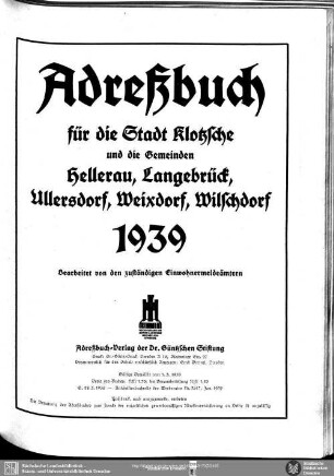 Adressbuch für die Stadt Klotzsche und die Gemeinden Hellerau, Langebrück, Ullersdorf, Weixdorf, Wilschdorf