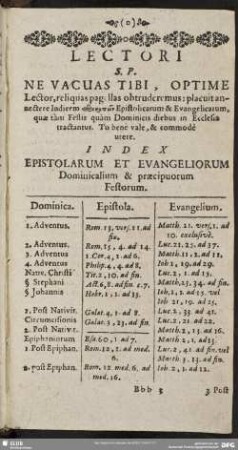 Index Epistolarum Et Evangeliorum Dominicalum & praecipuorm Festorum