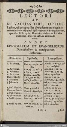 Index Epistolarum Et Evangeliorum Dominicalum & praecipuorm Festorum