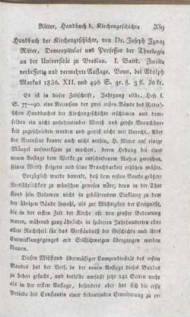 339-363 [Rezension] Ritter, Joseph Ignaz, Handbuch der Kirchengeschichte