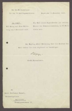 Schreiben vom großherzoglichen Wahlkommissär, Engen, an Hermann Hummel: Annahme der Wahl, 1 Schreiben