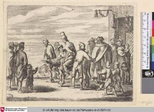 [Ein auf einen Esel gebundener Mann; A man tied on a donkey]
