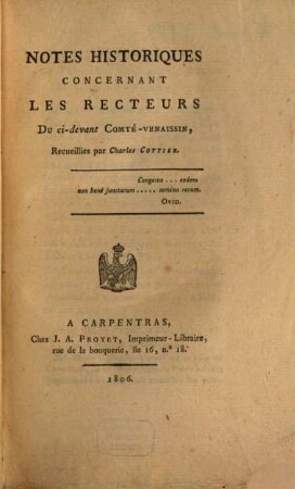 Notes historiques concernant les recteurs du ci-devant Comté Venaissin
