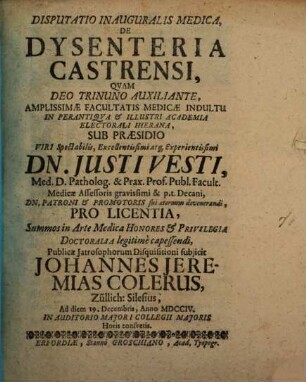 Disp. inaug. med. de dysenteria castrensi
