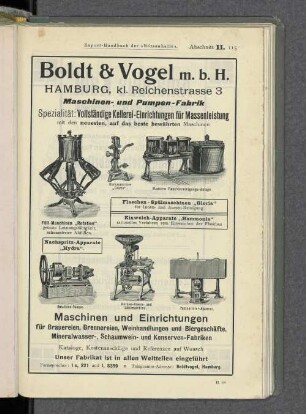 Korkmaschine "Gloria". Moderne Flaschenreinigungs-Anlage. Rotations-Pumpe. Korken-Brenn- und Zählmaschine. Pasteurisier-Apparat.