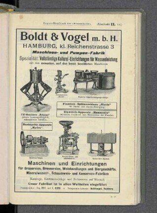 Korkmaschine "Gloria". Moderne Flaschenreinigungs-Anlage. Rotations-Pumpe. Korken-Brenn- und Zählmaschine. Pasteurisier-Apparat.