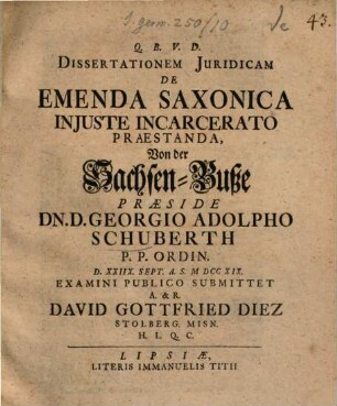 Dissertationem Juridicam De Emenda Saxonica Injuste Incarcerato Praestanda, Von der Sachsen-Buße