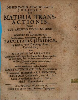 Dissertatio Inauguralis Iuridica De Materia Transactionis