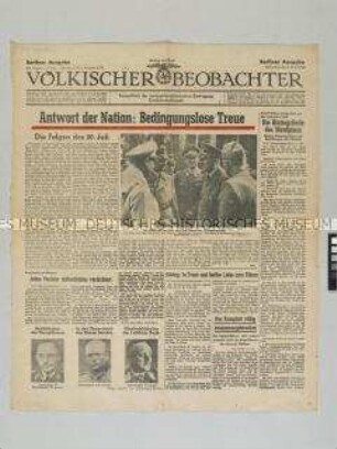 Titelblatt der Tageszeitung "Völkischer Beobachter" zur Lage nach dem Attentat auf Hitler