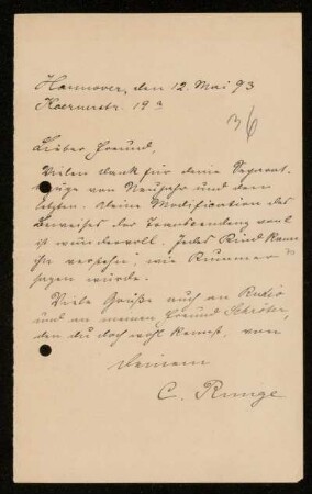 Nr. 18: Brief von Carl Runge an Adolf Hurwitz, Hannover, 12.5.1893