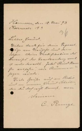 Nr. 18: Brief von Carl Runge an Adolf Hurwitz, Hannover, 12.5.1893