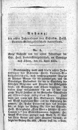 Anhang: die achte Jahresfeyer der Schlews. Holst. Landes=Bibelgesellschaft betreffend.