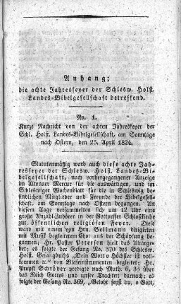 Anhang: die achte Jahresfeyer der Schlews. Holst. Landes=Bibelgesellschaft betreffend.