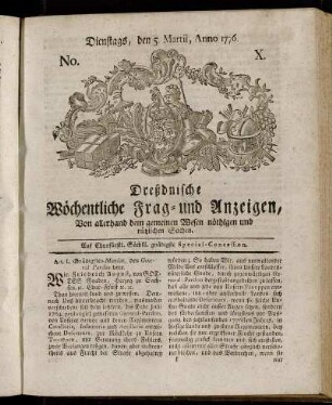 No. X. Dienstags, den 5. Martii, Anno 1776. - No. XVI. Dienstags, den 16. April. Anno 1776.