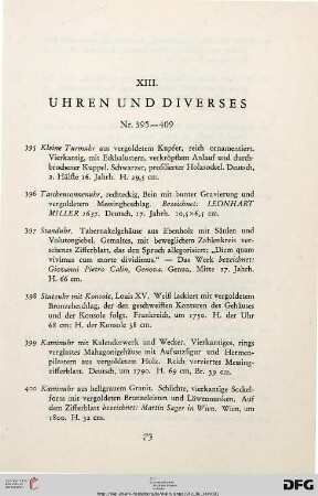 XIII. Uhren und Diverses (Nr. 395-409)