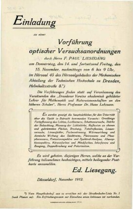 Vorder- und Rückseite einer Einladung zu
                        einer Vorführung optischer Versuchsanordnungen, Düsseldorf,
                        1912