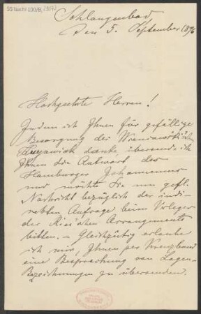 Brief an B. Schott's Söhne : 05.09.1896