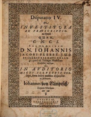 Disputatio IV. De investitura ac praescriptione feudi