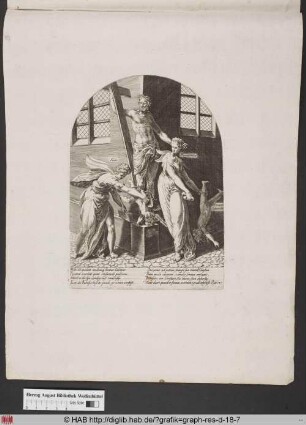 Christus mit Kreuz und Dornenkrone, flankiert von Fides mit dem Cupido prava und Poenitentia.