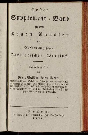 Erster Supplement-Band zu den Neuen Annalen des Mecklenburgischen Patriotischen Vereins.