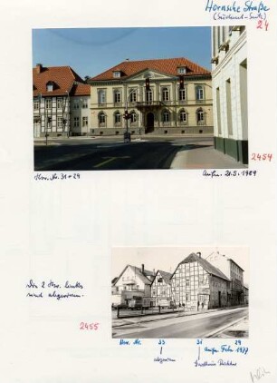 Hornsche Straße. Detmold. 2 Bilder: - Haus Nummer 29 und 31 - Frontalansicht im Mai 1989. - Haus Nummer 29, 31 und 33: Nummer 33 ist schon abgerissen, 31 ist Gasthaus Richter
