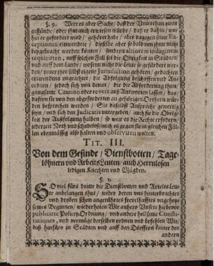 Tit. III. Von dem Gesinde/ Dienstbotten/ Tagelöhnern und ArbeitsLeuten/ auch Herrnlosen ledigen Knechten und Mägden