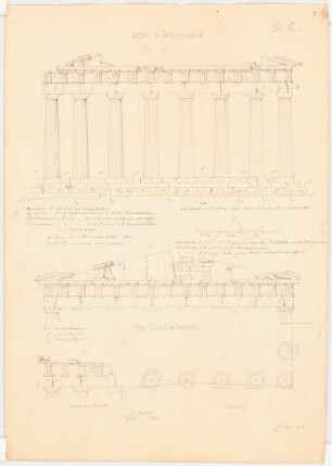 Details des Parthenon, Athen: Ostgiebel: Aufriss und Details