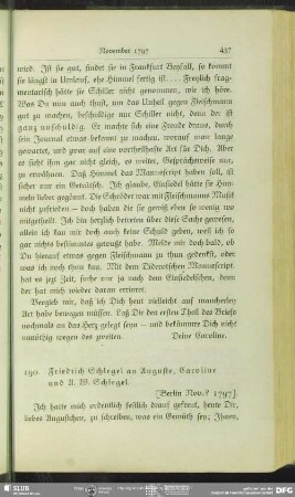 Friedrich von Schlegel an Auguste Böhmer, Caroline von Schelling und August Wilhelm von Schlegel, Berlin, November 1797