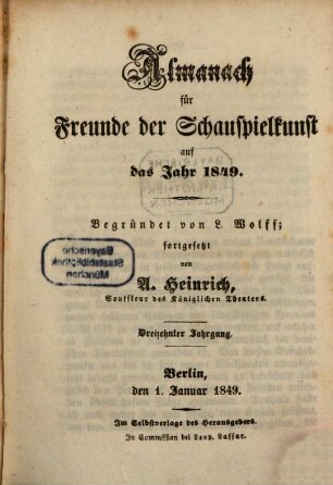 Almanach für Freunde der Schauspielkunst. 13. 1849
