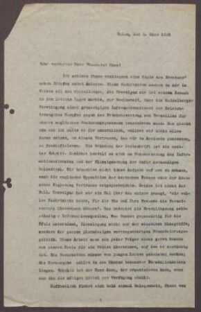 Schreiben von Ludwig Haas an Prinz Max von Baden; Unterredung mit Trevelyan und Tätigkeiten der Heidelberger Vereinigung