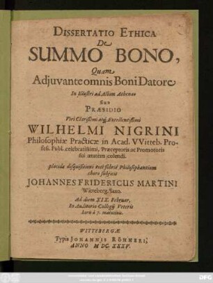 Dissertatio Ethica De Summo Bono