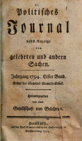 Politisches Journal : Darstellung des Weltlaufs in den Begebenheiten und Staatsacten, 1794,1