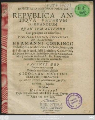 Exercitatio Historico Politica De Republica Antiqua Veterum Germanorum